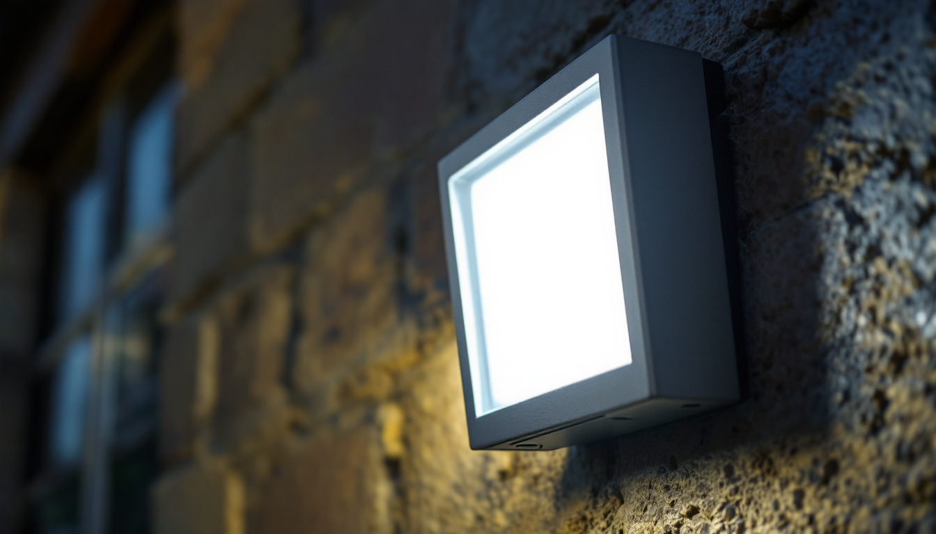 A photograph of a well-lit wall pack light fixture installed on a building exterior