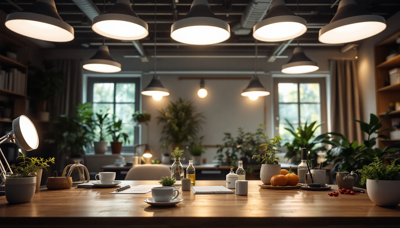 A photograph of a well-lit workspace showcasing round light fixtures in use