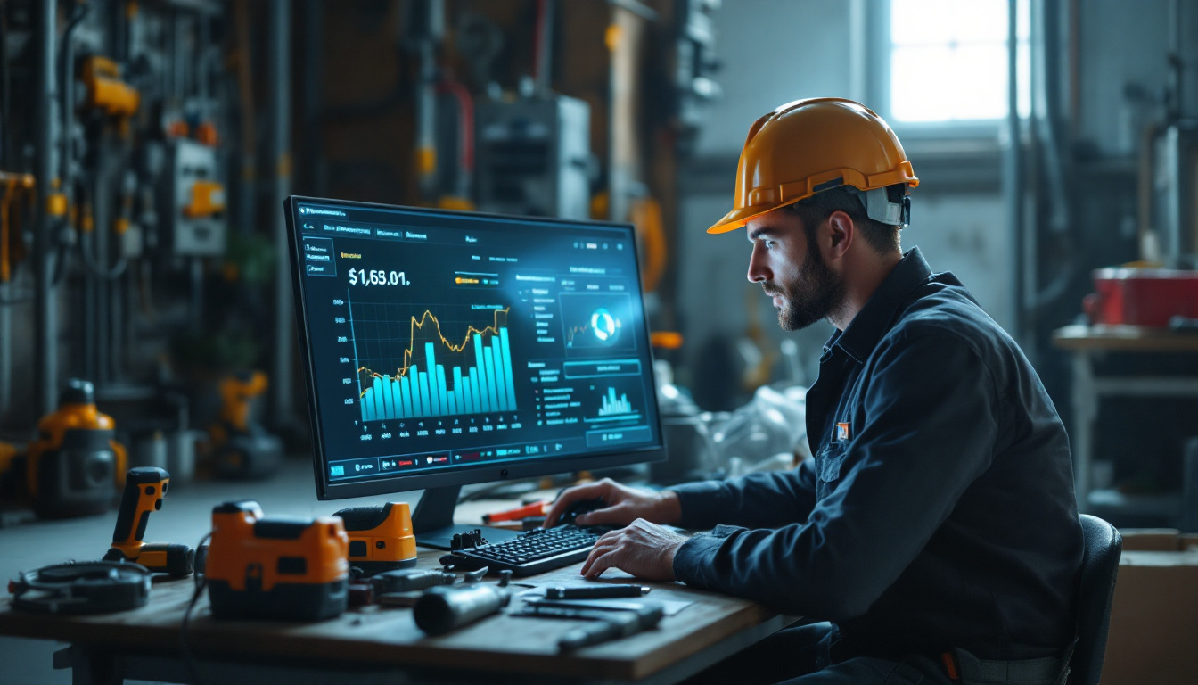 A photograph of a dynamic scene featuring an electrician or engineer analyzing electrical load data on a digital display