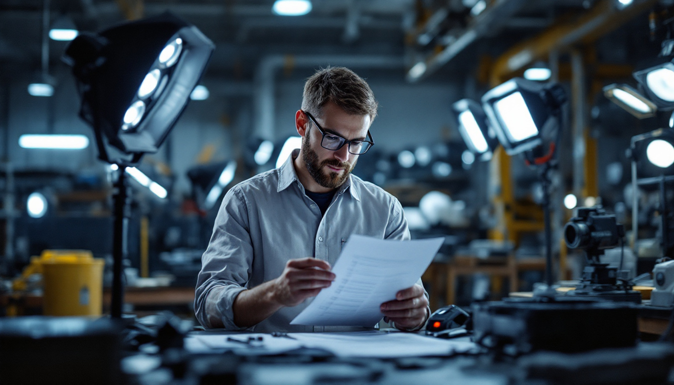 A photograph of a lighting engineer meticulously reviewing a detailed checklist while surrounded by various lighting fixtures and equipment in a well-lit manufacturing environment