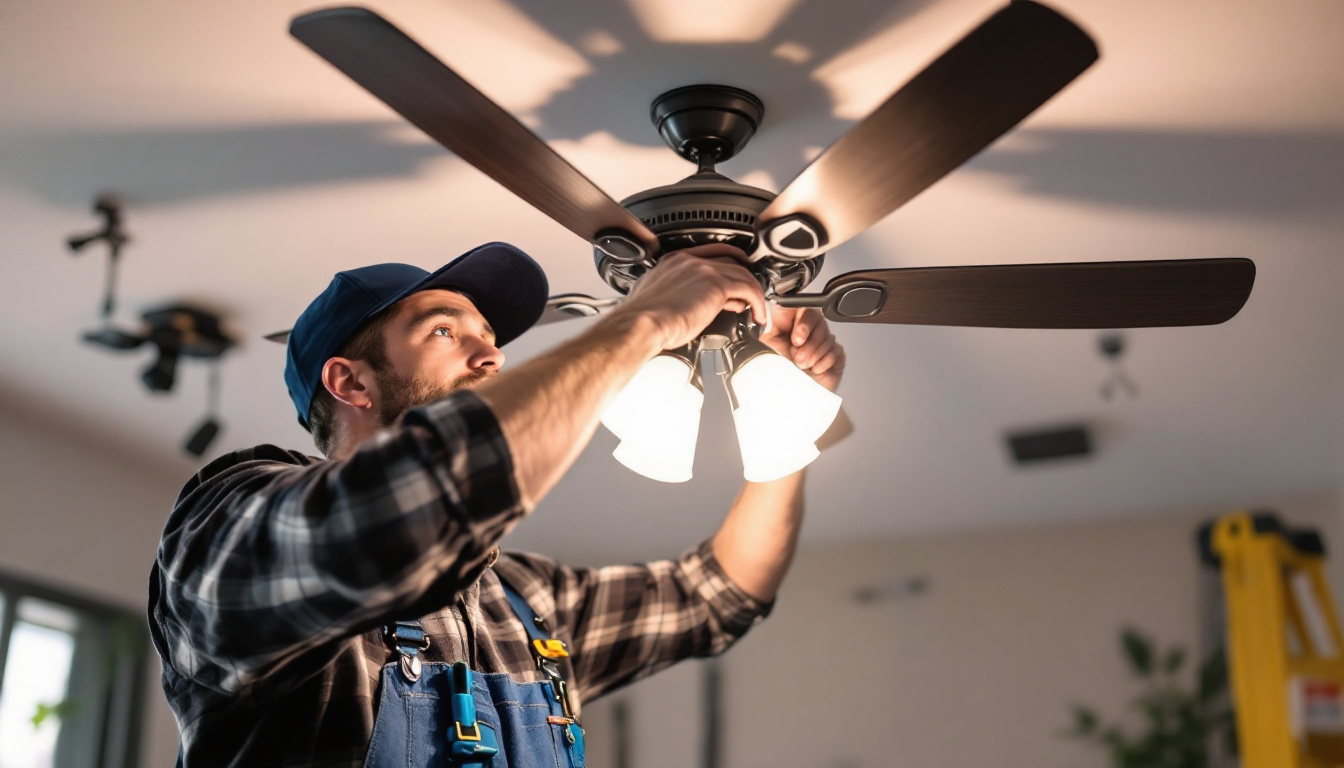 A photograph of a ceiling fan installation in progress