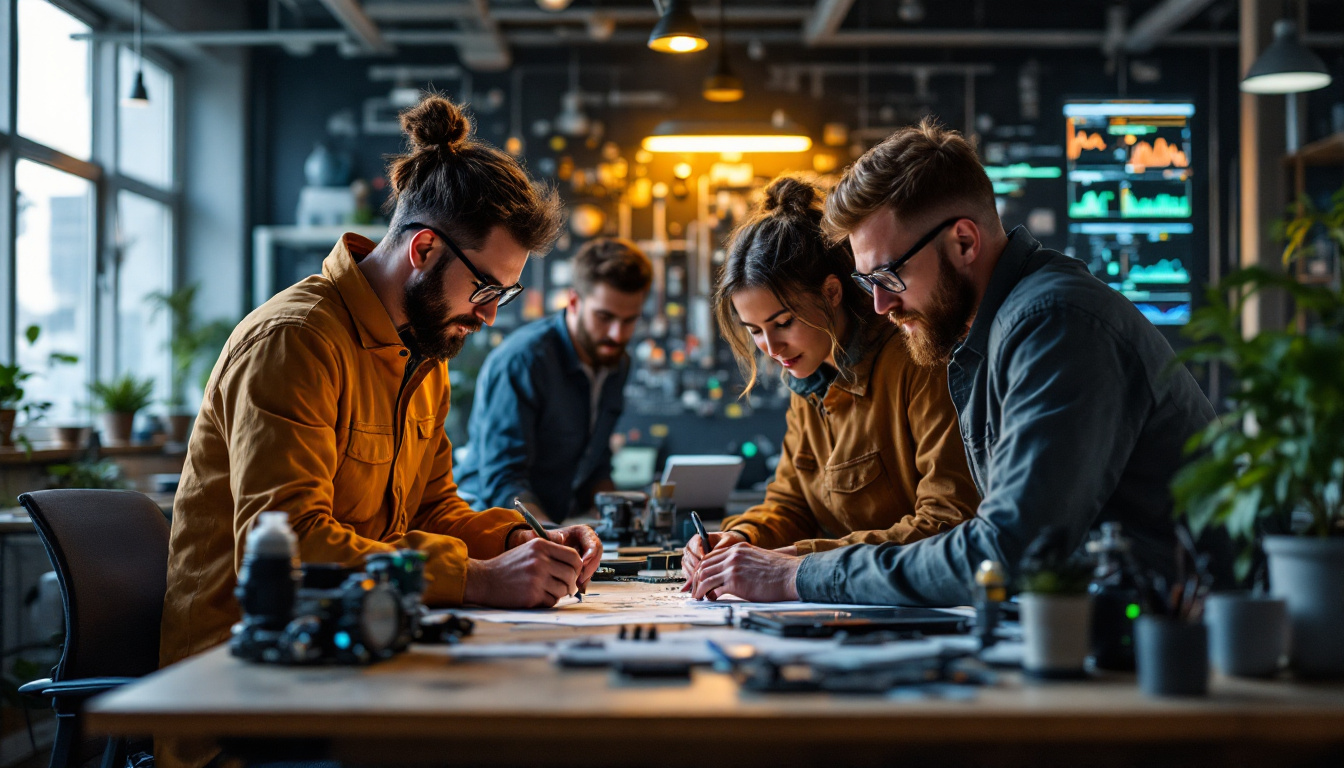 A photograph of a dynamic electrical engineering workspace featuring engineers collaborating on innovative projects