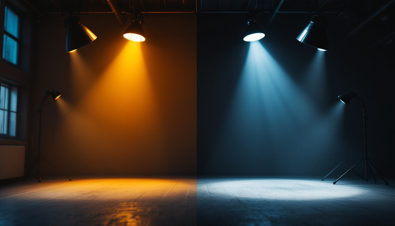 A photograph of a side-by-side comparison of industrial and commercial lighting setups in a well-lit environment