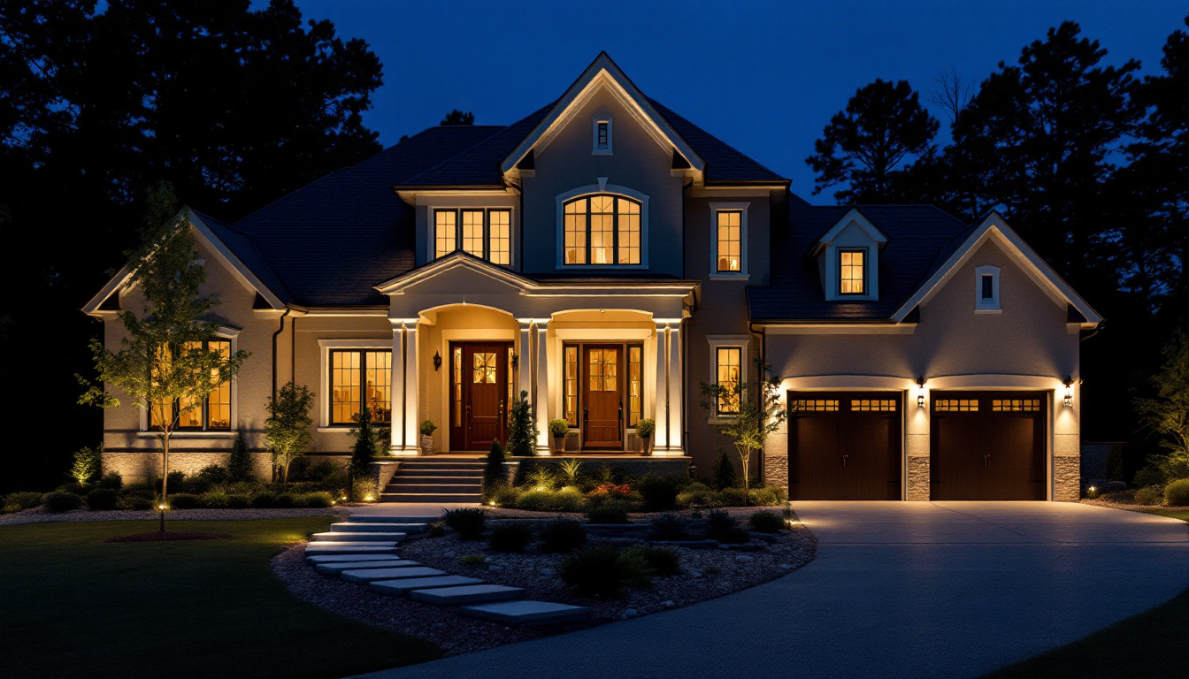 A photograph of a beautifully illuminated house exterior at dusk