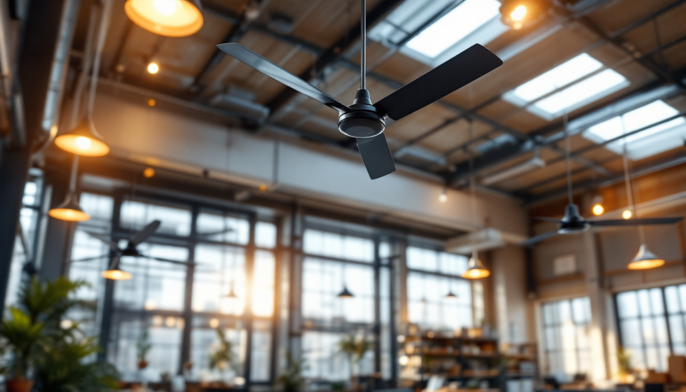 A photograph of a spacious industrial workspace featuring sleek ceiling fans in action