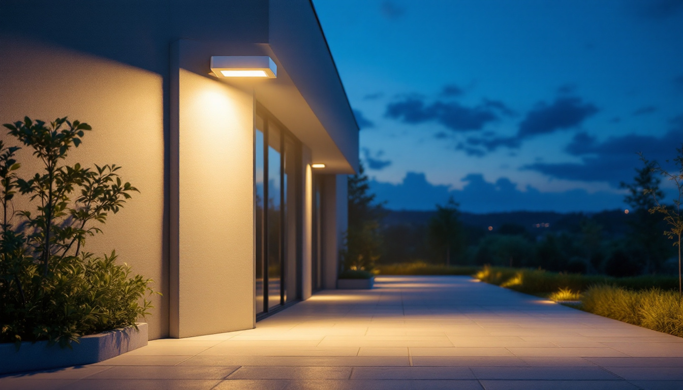 A photograph of a well-lit outdoor space featuring a modern led security light in action