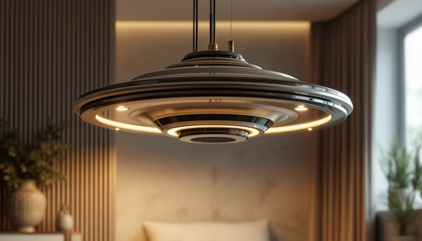 A photograph of an elegant ufo-inspired light fixture installed in a modern interior setting