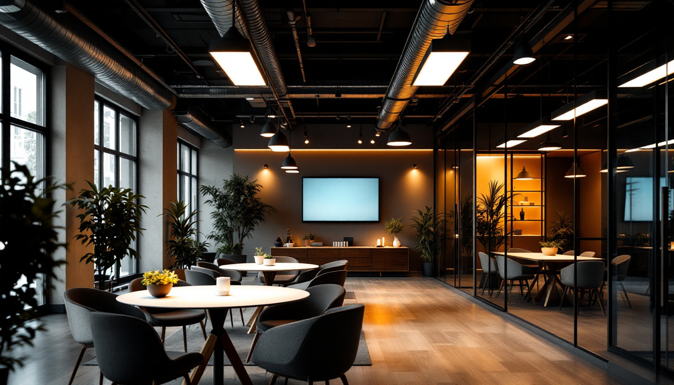 A photograph of a modern office space featuring sleek troffer lighting fixtures