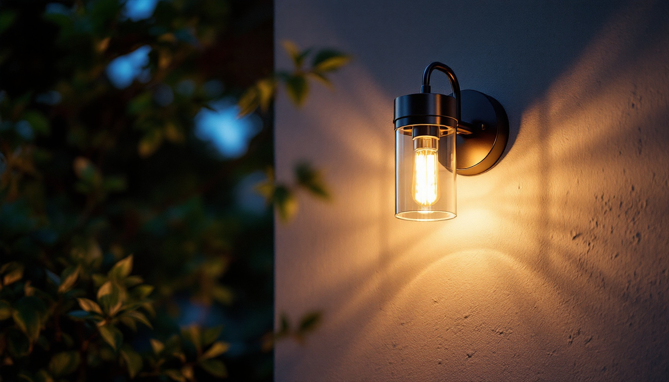 A photograph of a beautifully designed outdoor wall mount lighting fixture installed in a well-lit garden or patio setting