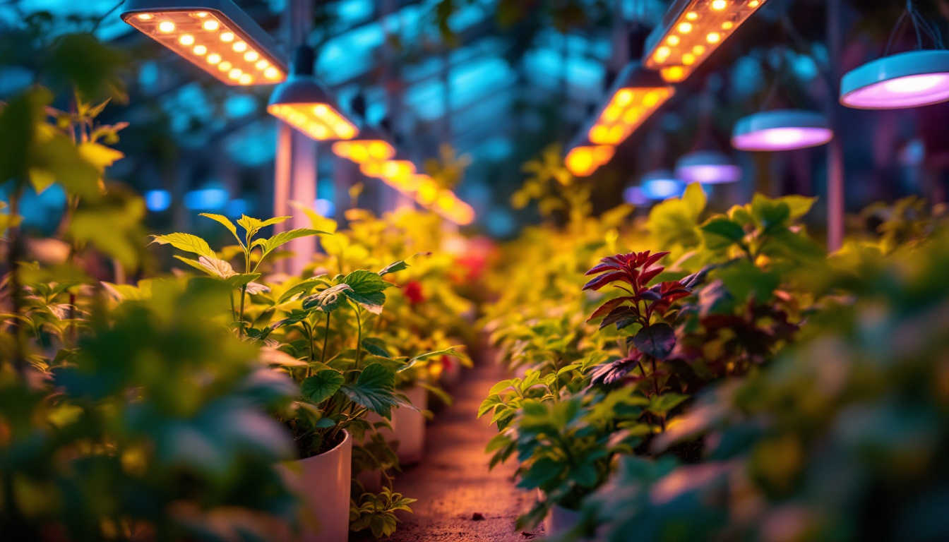 A photograph of a vibrant indoor garden or greenhouse illuminated by canopy led lights