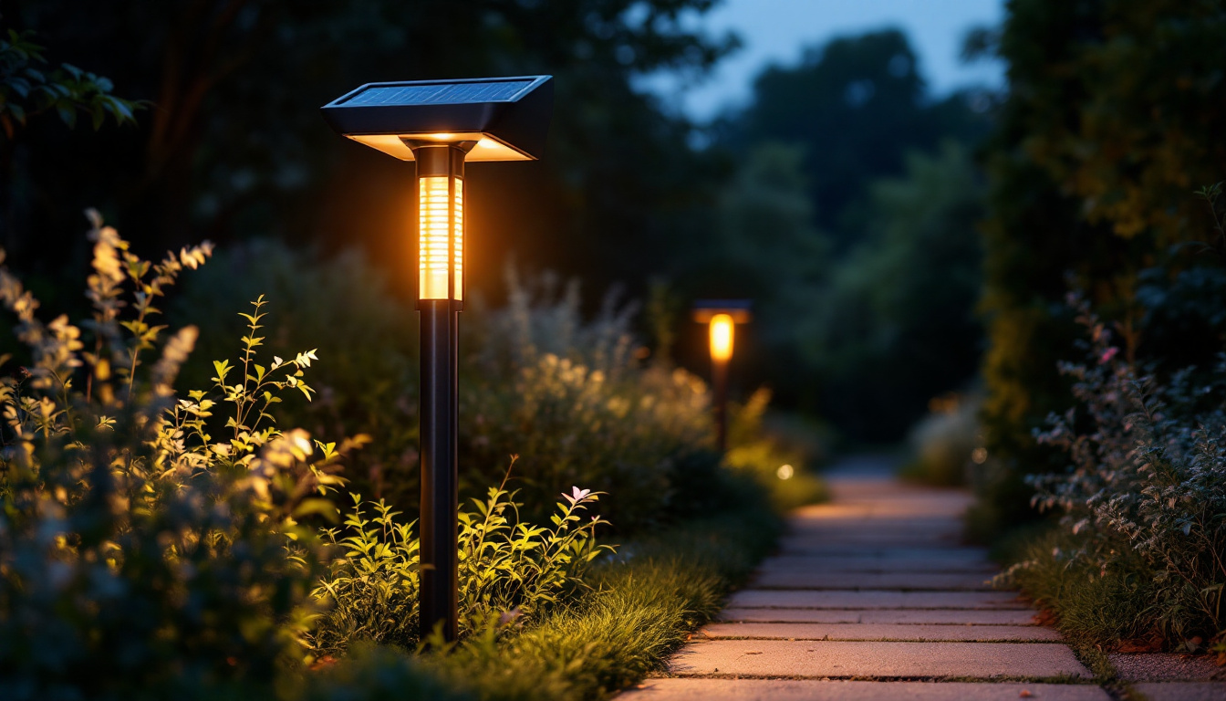 A photograph of capture a photograph of a beautifully designed solar light post illuminating a garden or outdoor pathway at dusk