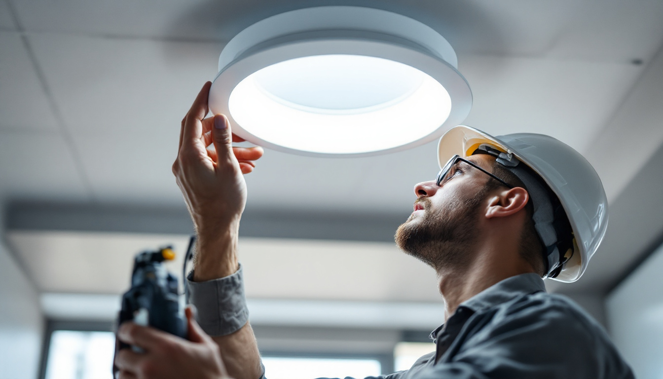 A photograph of a close-up shot of a high hat led fixture installed in a modern ceiling