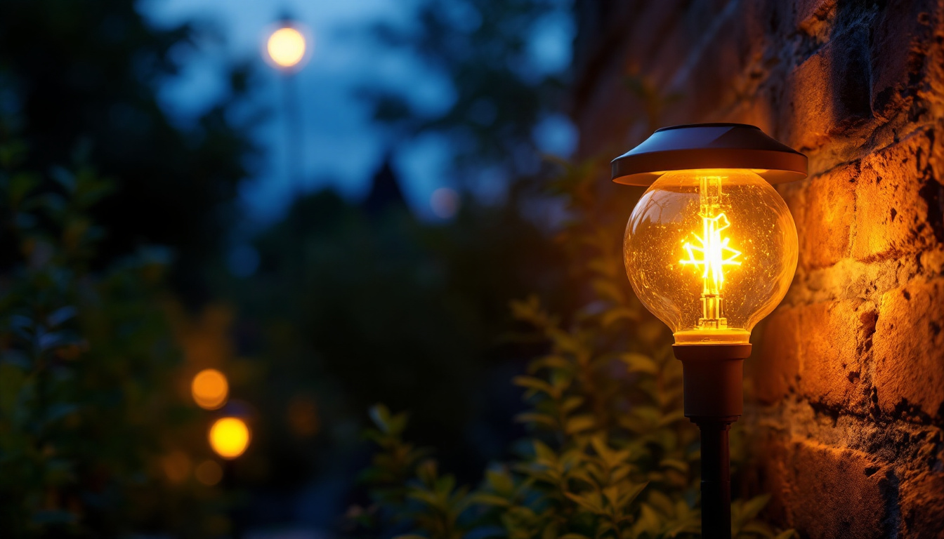 A photograph of a beautifully illuminated solar light bulb in an outdoor setting