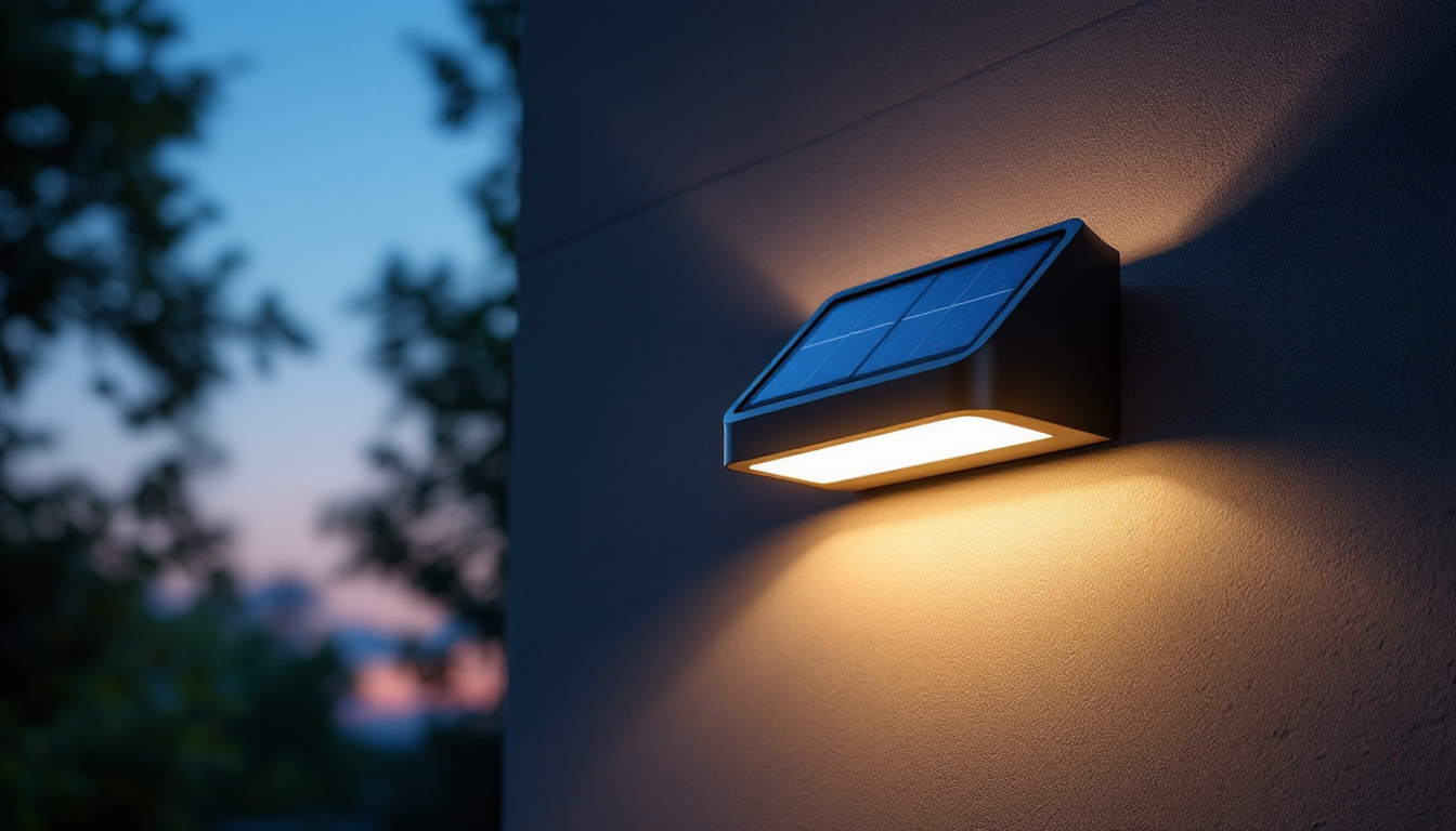 A photograph of a modern wall solar light installed in an outdoor setting during twilight