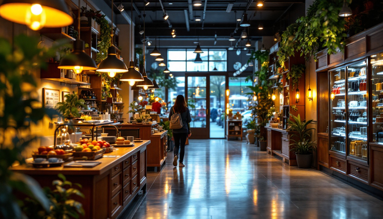 A photograph of a well-lit commercial outlet showcasing various lighting fixtures and their effects on the space
