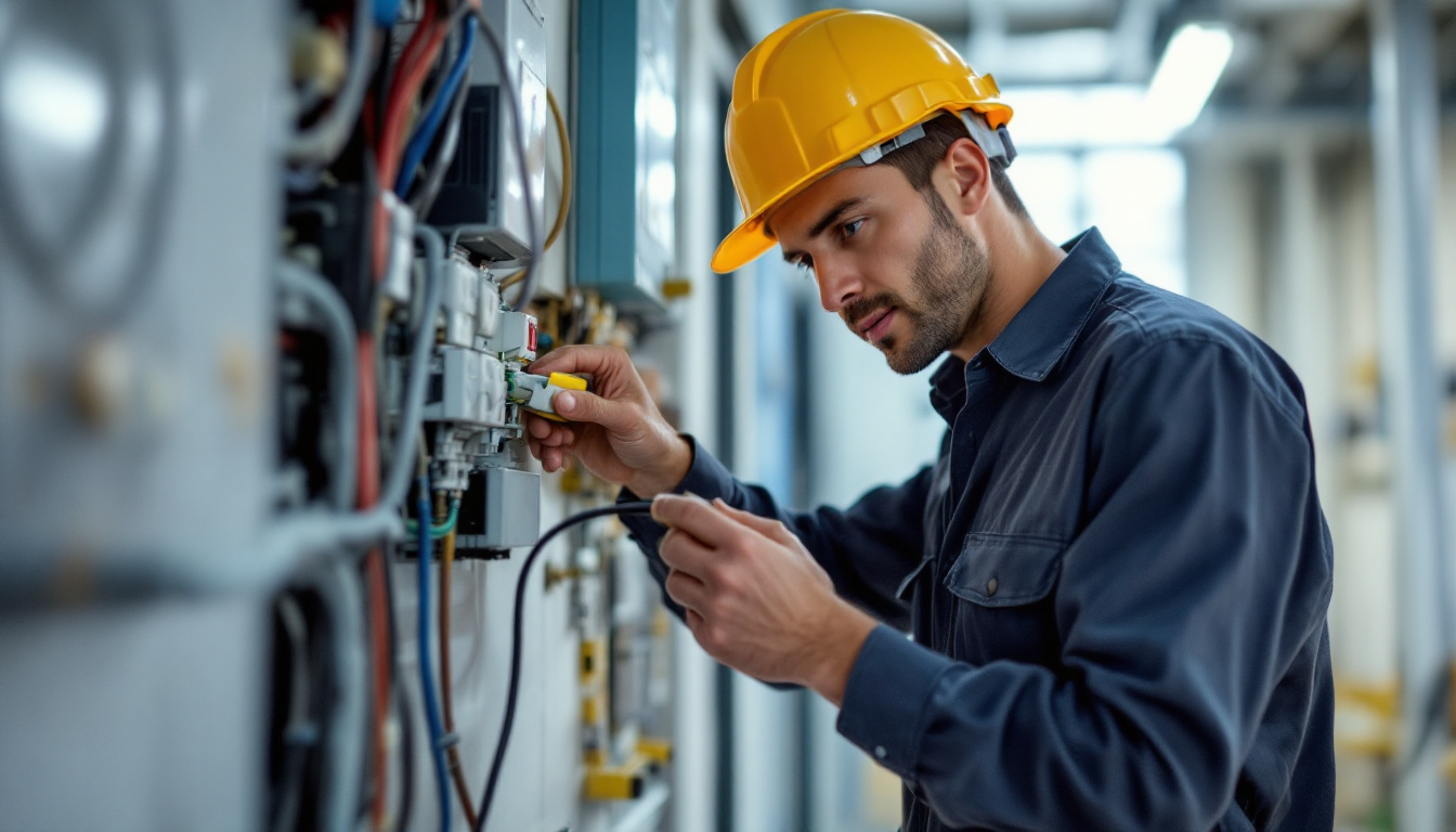 A photograph of a skilled electrical engineer working on a complex wiring system in a commercial building