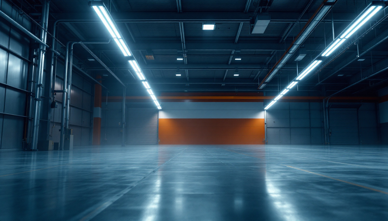 A photograph of a well-lit industrial space showcasing linear high bay led lights in action
