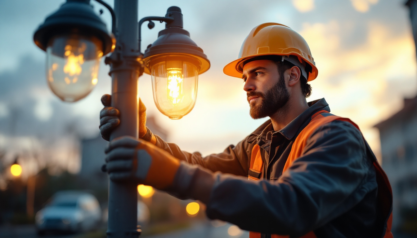 A photograph of a skilled technician replacing a lamp post in an urban setting