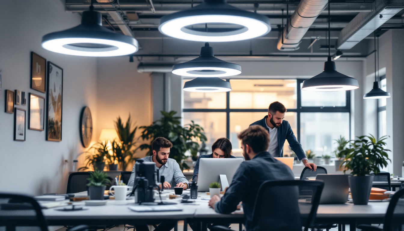 A photograph of a modern workspace featuring led ufo lights in action