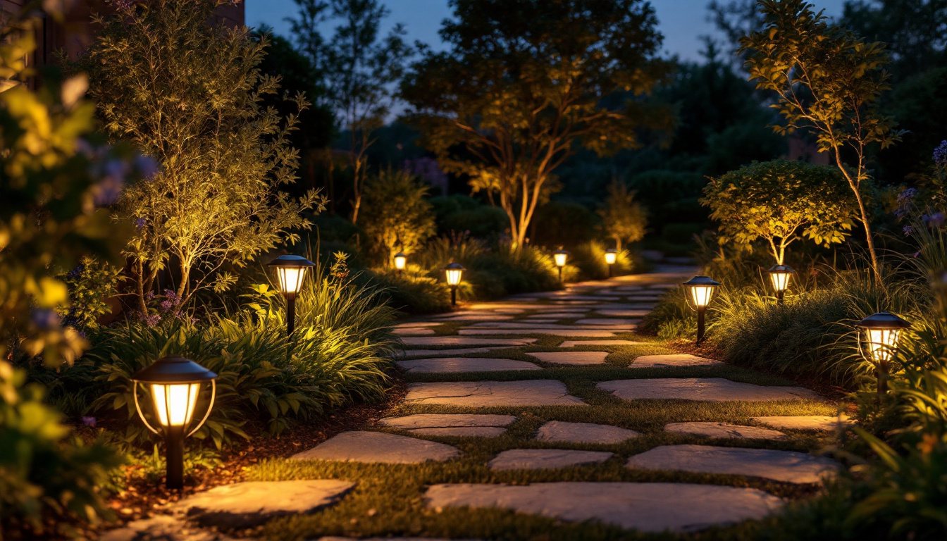 A photograph of a beautifully illuminated outdoor space featuring various styles of solar landscape lighting integrated into a lush garden or pathway