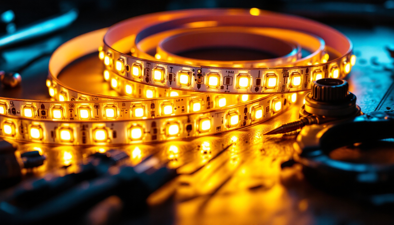 A photograph of a close-up of vibrant led tape illuminated in a dark setting