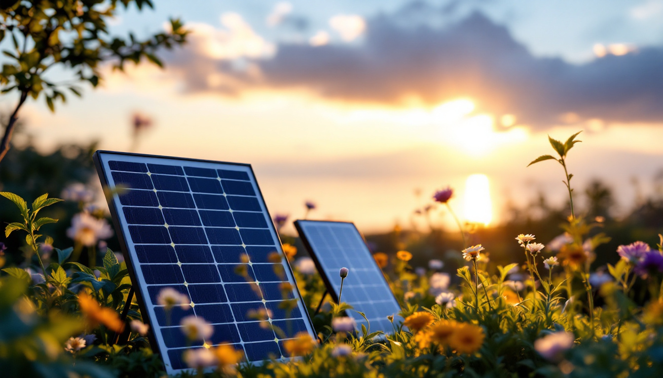 A photograph of a beautifully arranged outdoor scene featuring solar lights with separate solar panels