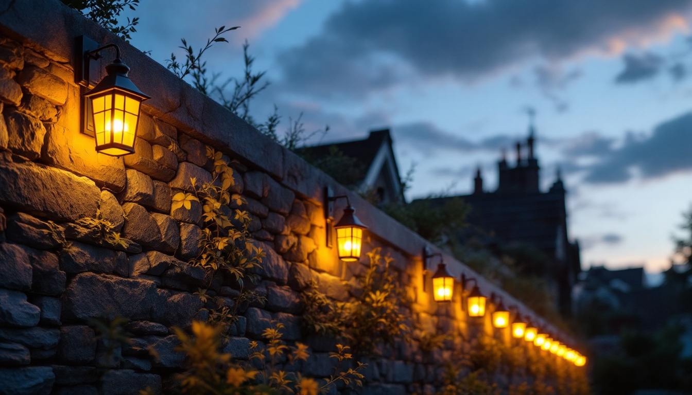 A photograph of a beautifully designed solar lantern wall installation at dusk