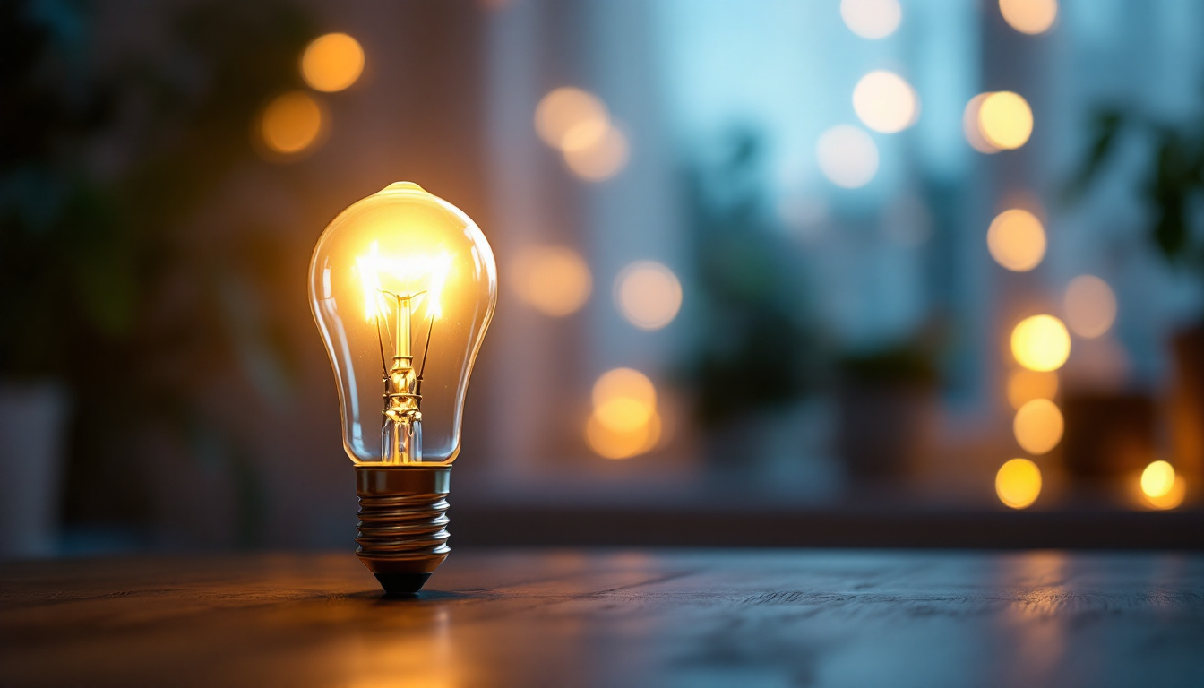 A photograph of a 25-watt type g light bulb illuminated in a cozy indoor setting