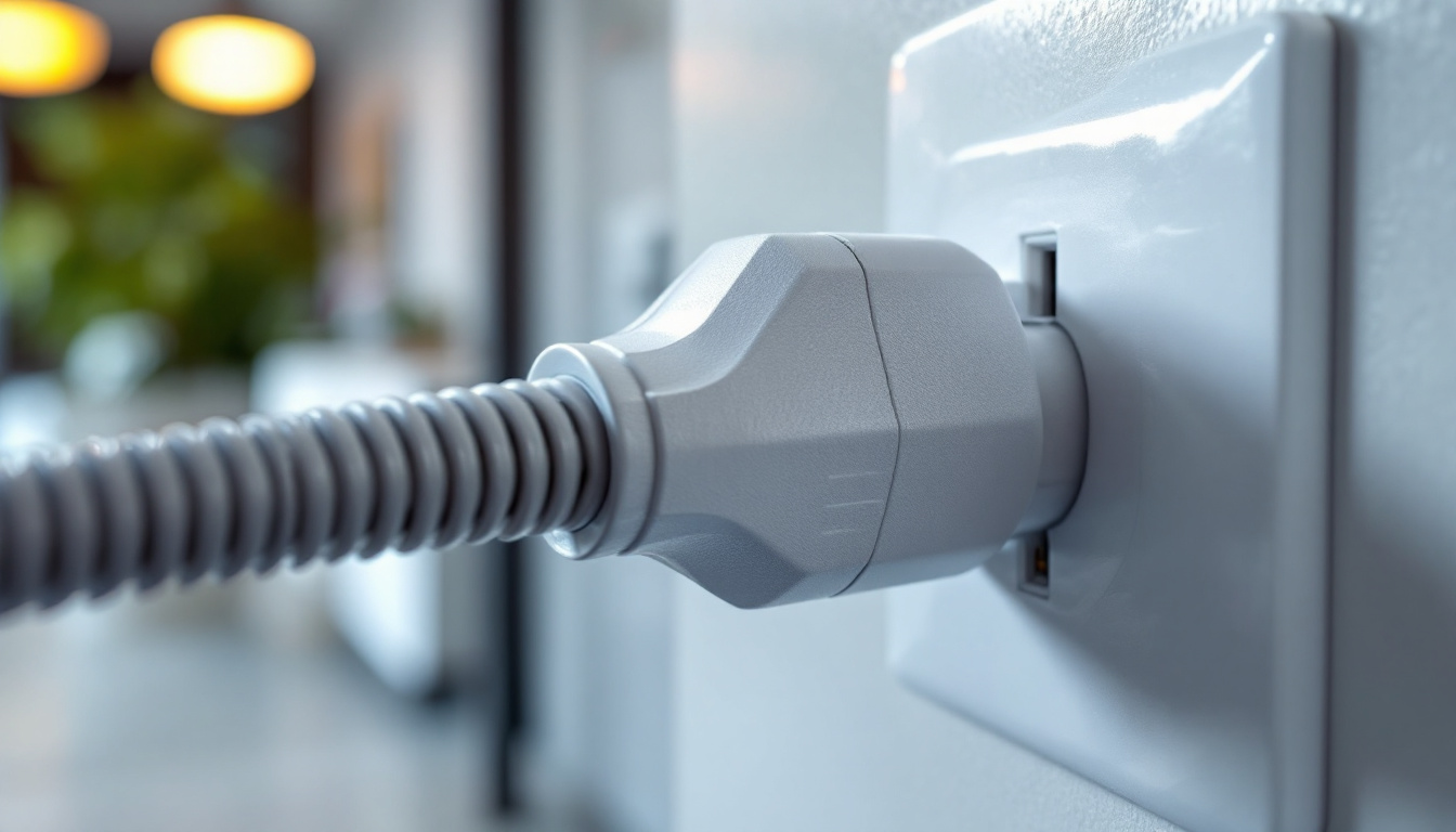 A photograph of a close-up of a standard 120 v electrical plug being inserted into a wall outlet