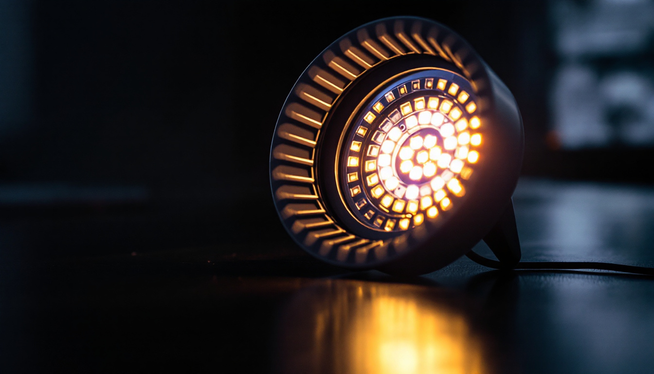 A photograph of a close-up shot of a round led light in a dimly lit environment