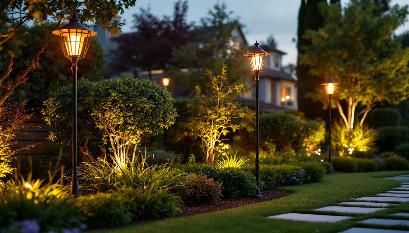 A photograph of a beautifully landscaped backyard featuring a variety of stylish light poles illuminating the space
