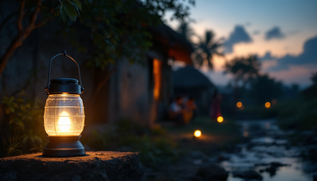 A photograph of a solar lantern illuminating a rural indian village at dusk