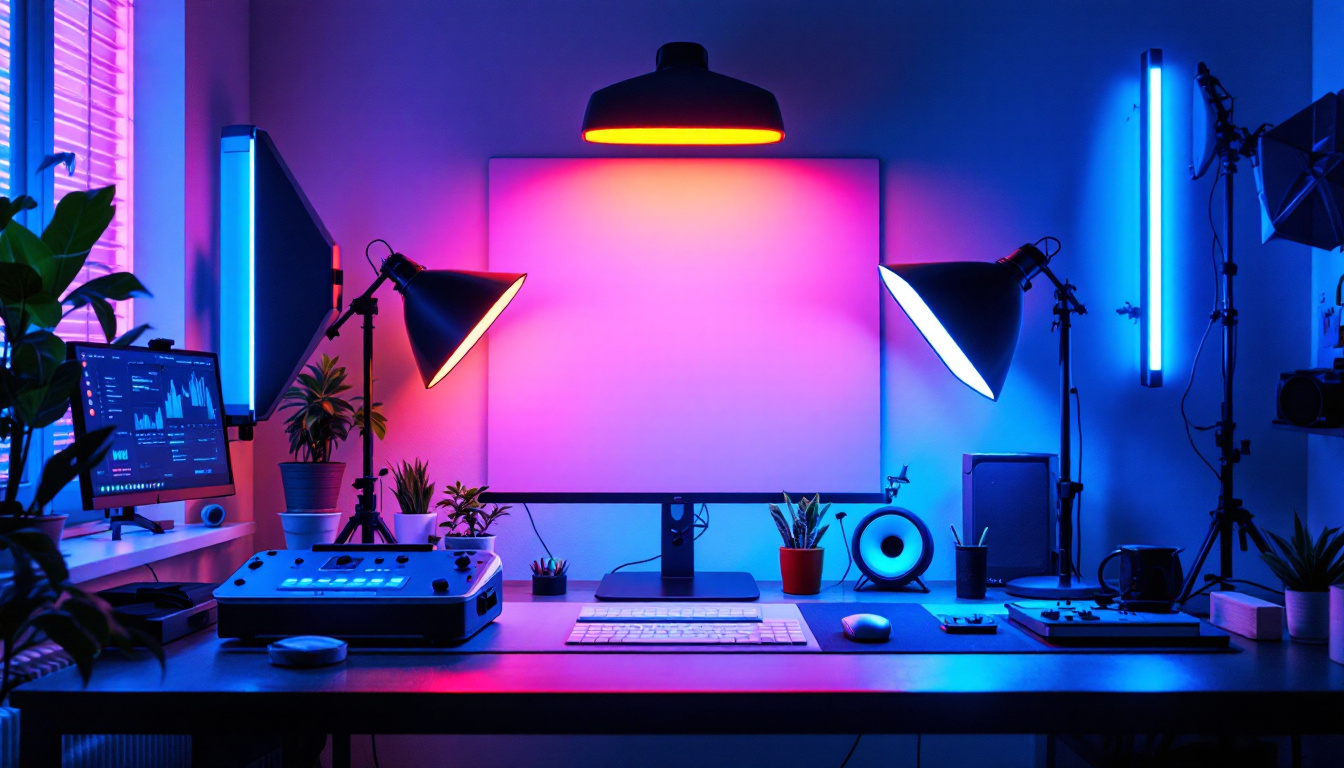 A photograph of a well-lit workspace showcasing various uv lights in use