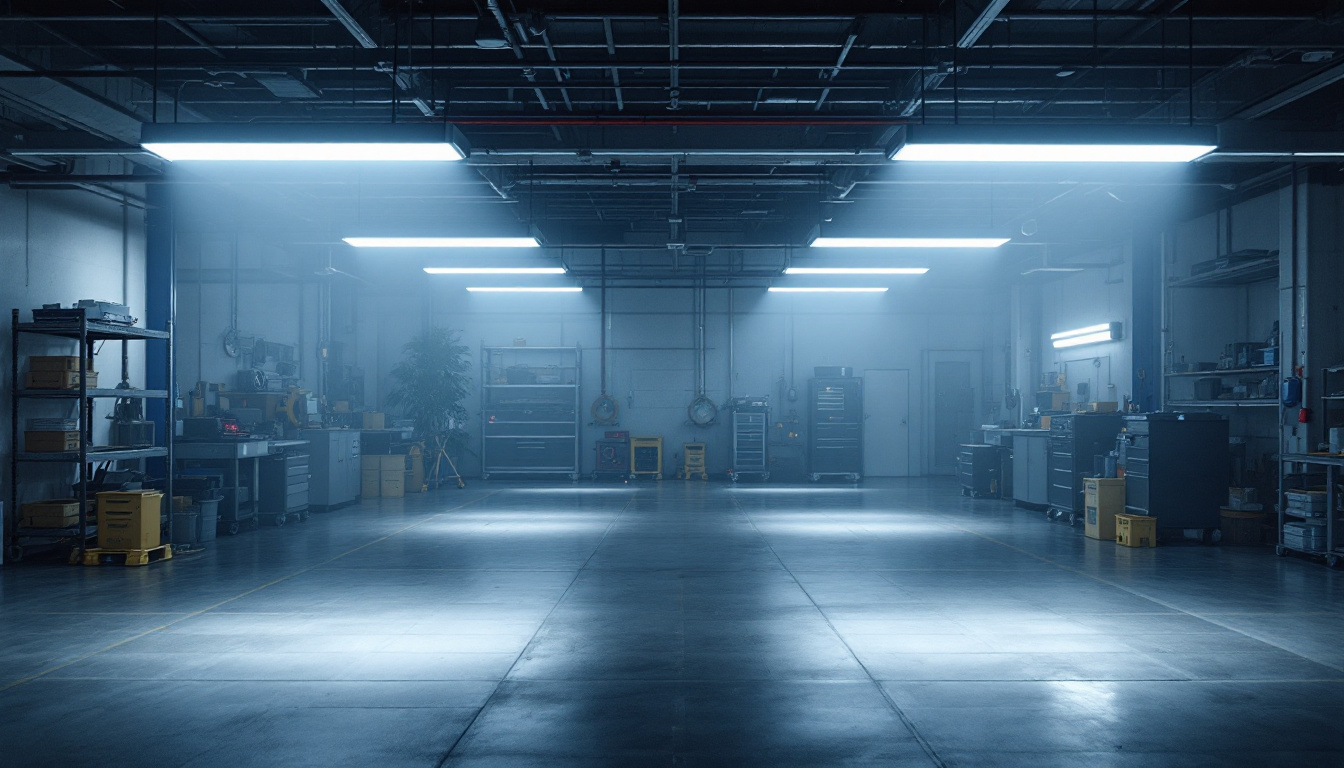 A photograph of a well-lit maintenance area showcasing mester lighting fixtures in action