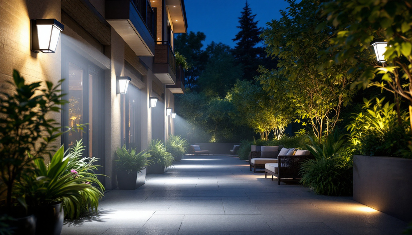 A photograph of a well-lit outdoor space featuring various types of led motion lights in action
