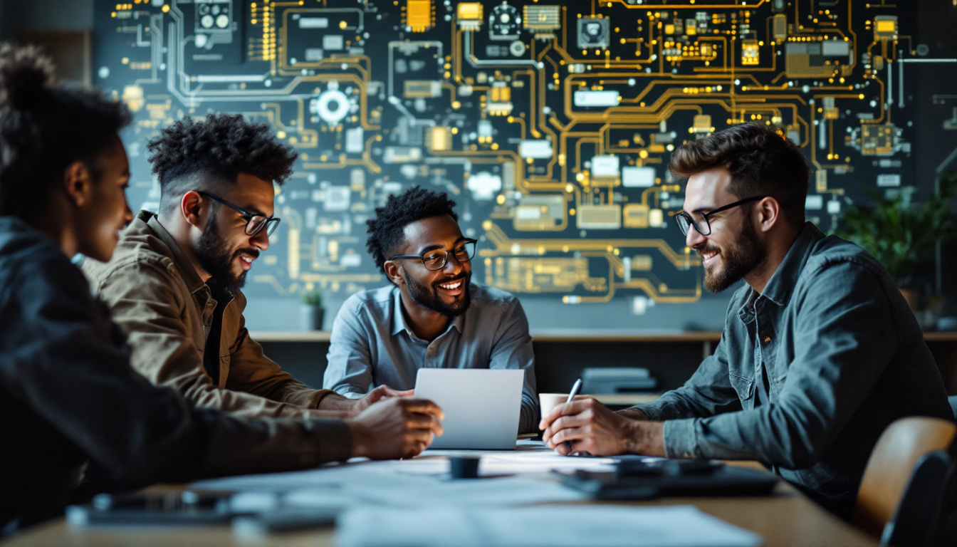 A photograph of a diverse group of electrical engineers engaged in a collaborative brainstorming session