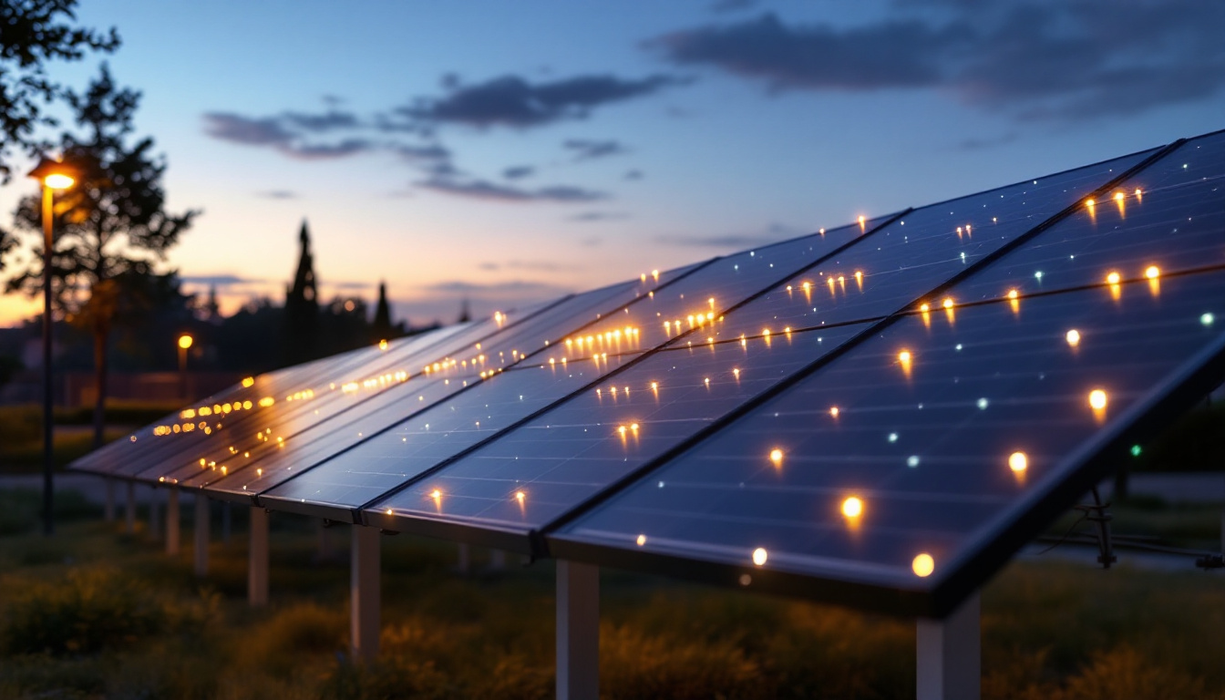 A photograph of a solar panel installation with led lights illuminating a modern outdoor space at dusk