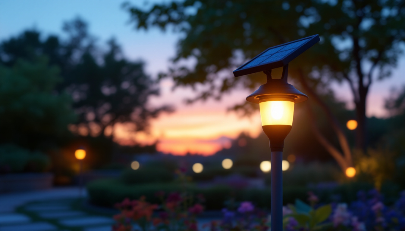 A photograph of a solar-powered garden light illuminating a vibrant outdoor space at dusk