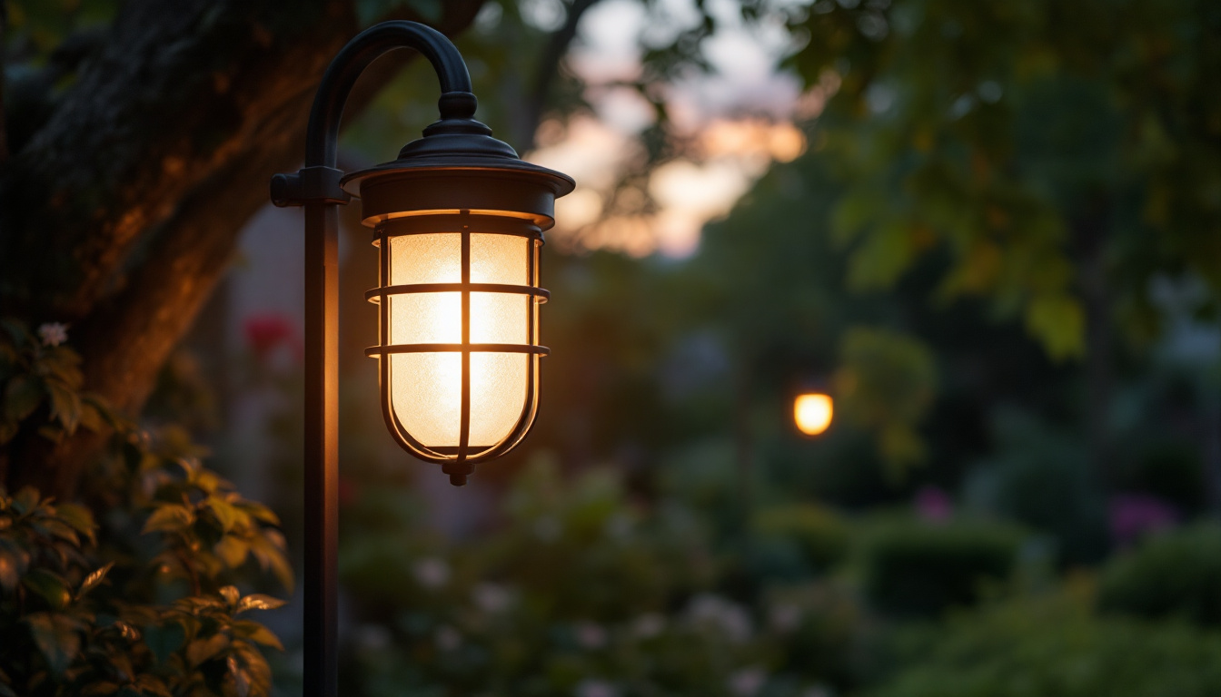 A photograph of a beautifully designed outdoor light fixture in a serene garden setting during twilight