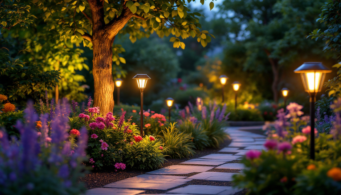 A photograph of a beautifully illuminated garden at dusk