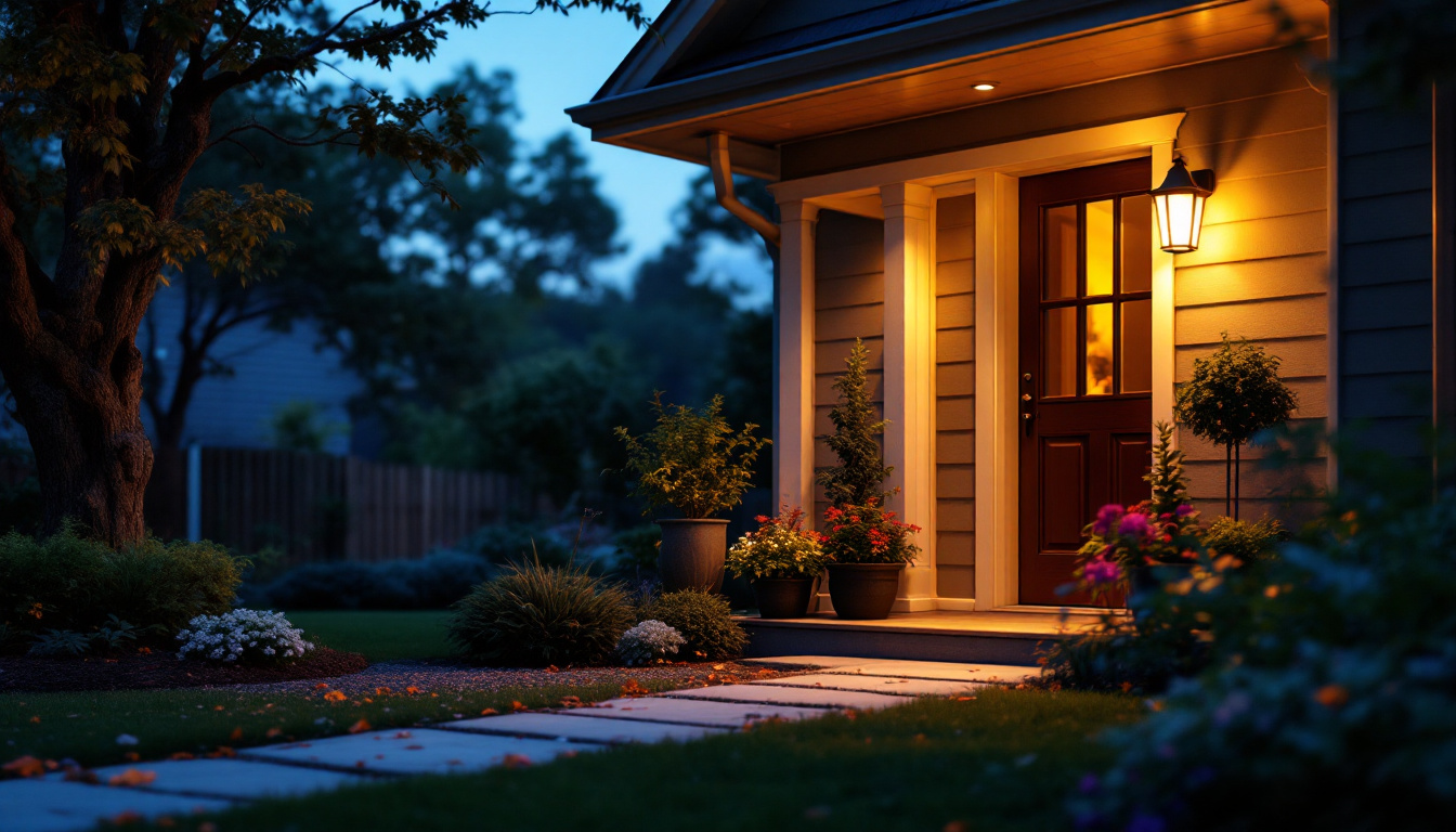A photograph of a beautifully designed solar front porch light illuminating a welcoming entryway