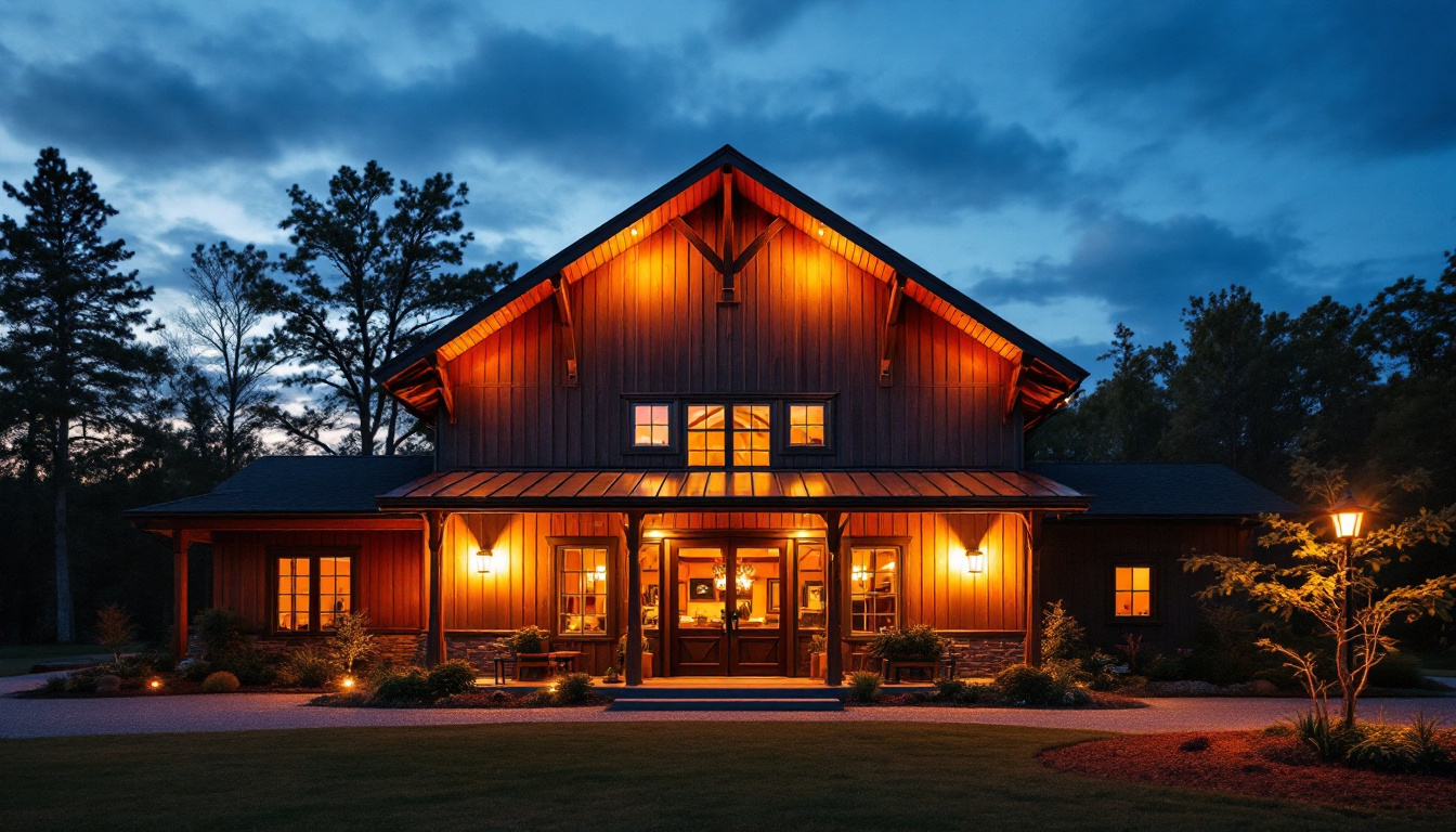A photograph of a beautifully designed exterior barn illuminated by low-glare lighting at dusk