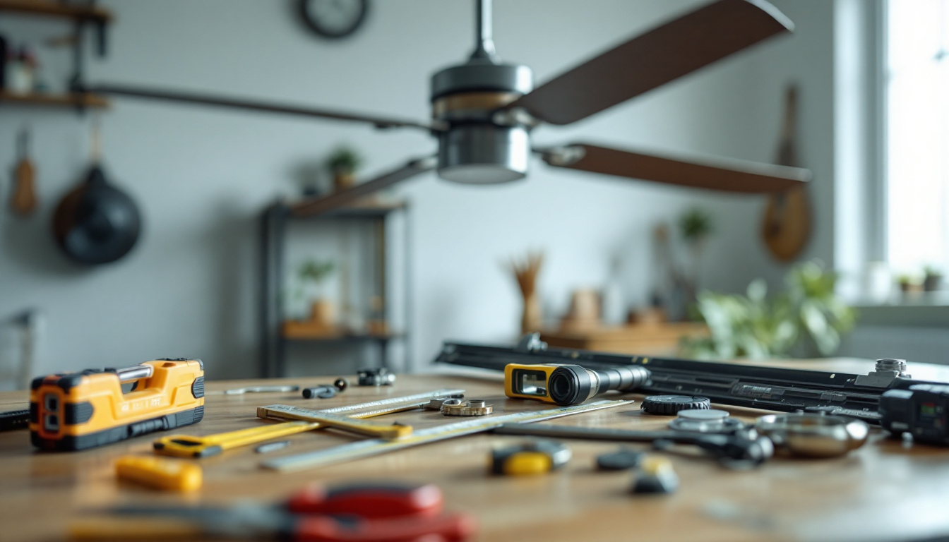 A photograph of a ceiling fan with clearly visible replacement parts laid out beside it