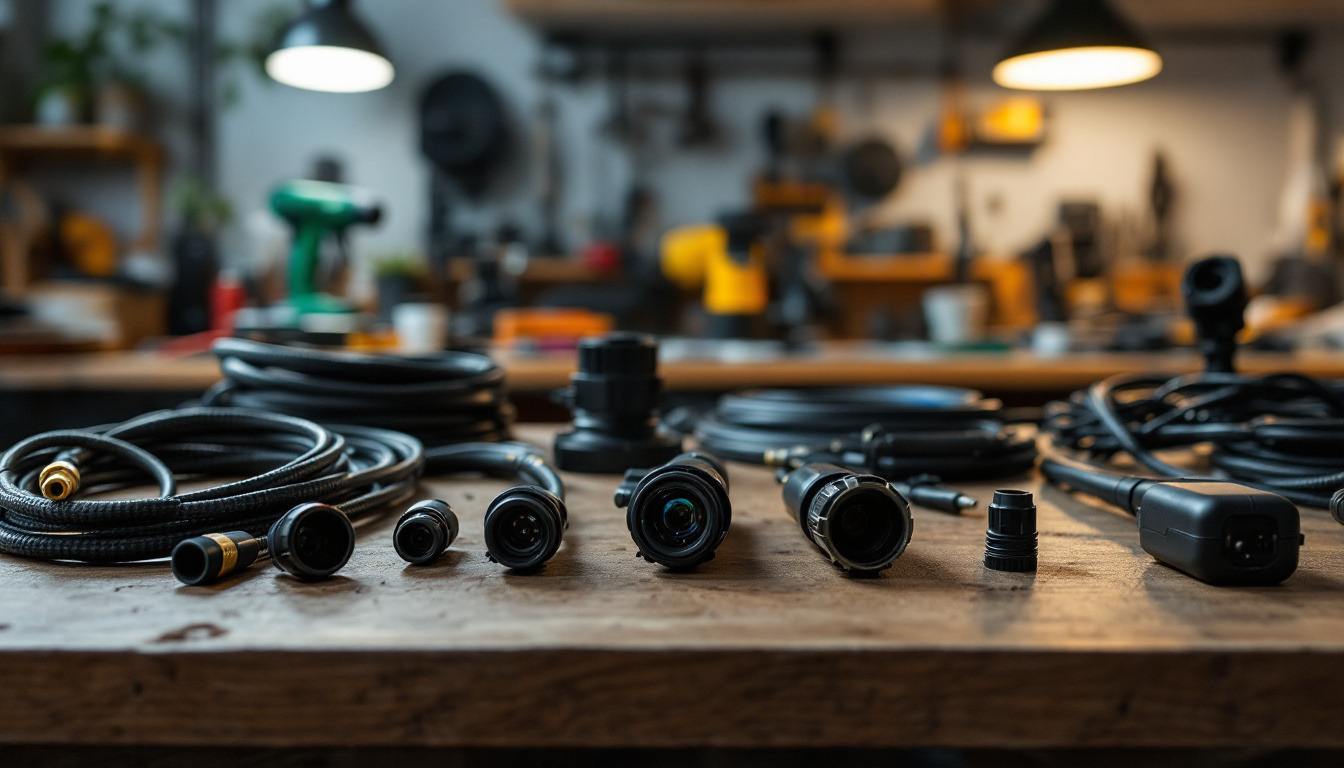 A photograph of a well-organized selection of various waterproof wires and connectors laid out on a workbench