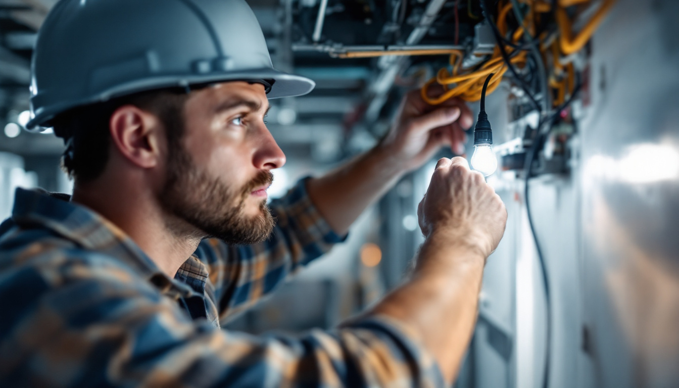 A photograph of a technician inspecting and adjusting an electrical lighting system in a commercial setting
