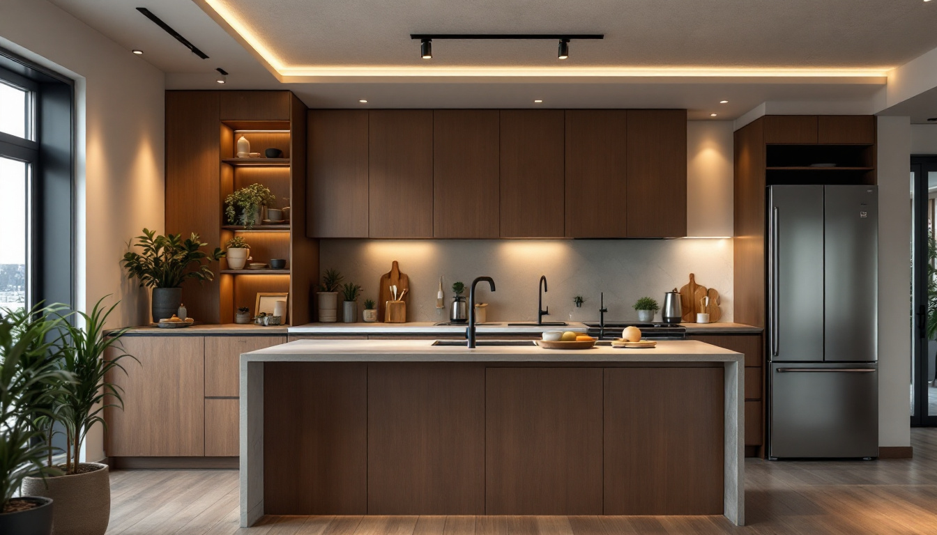 A photograph of a modern kitchen featuring sleek recessed ceiling lights that highlight innovative design elements
