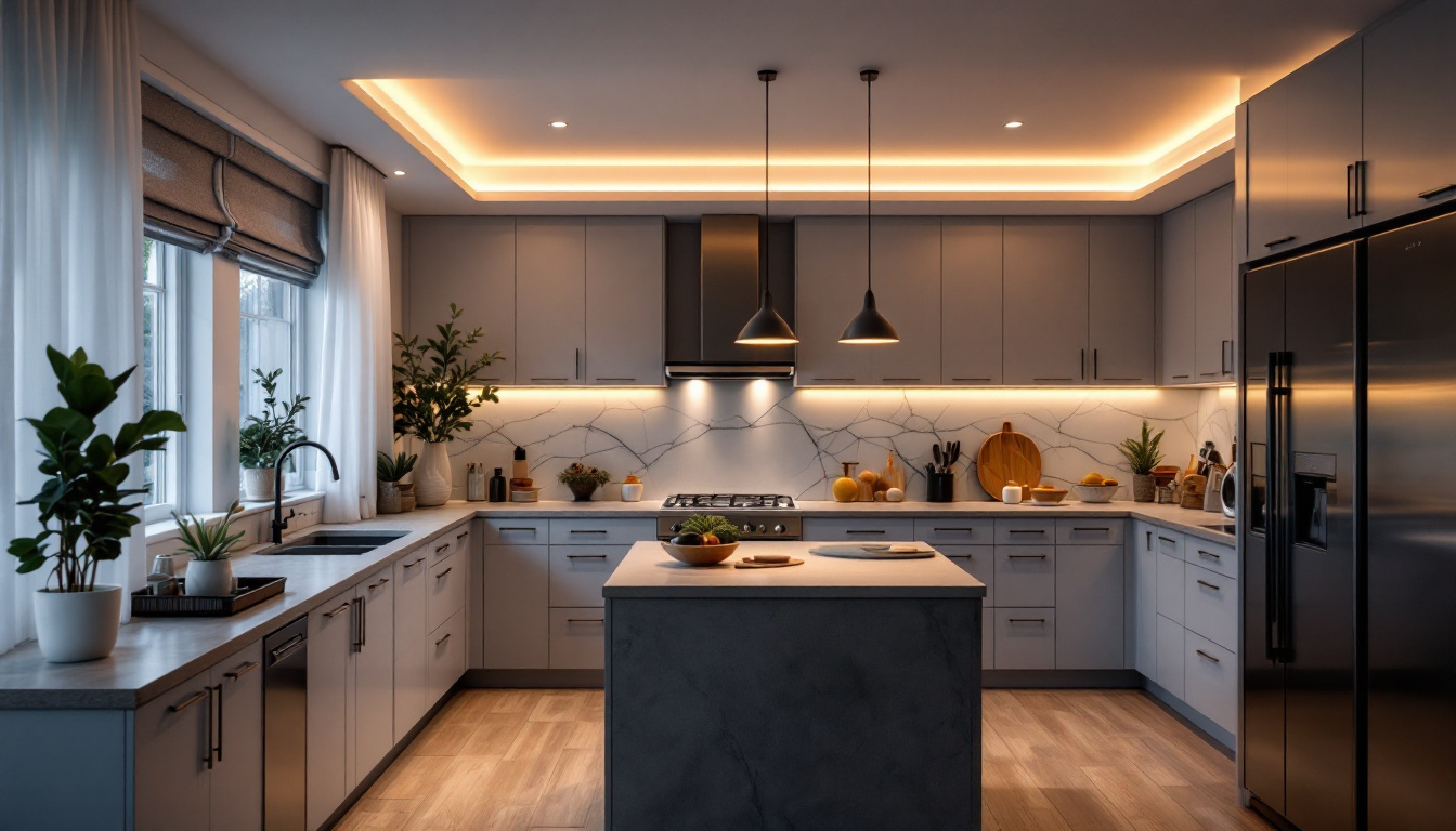 A photograph of a beautifully designed kitchen featuring stylish recessed lighting