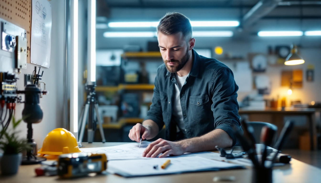 A photograph of a modern workspace where an electrical engineer is examining led and fluorescent light fixtures