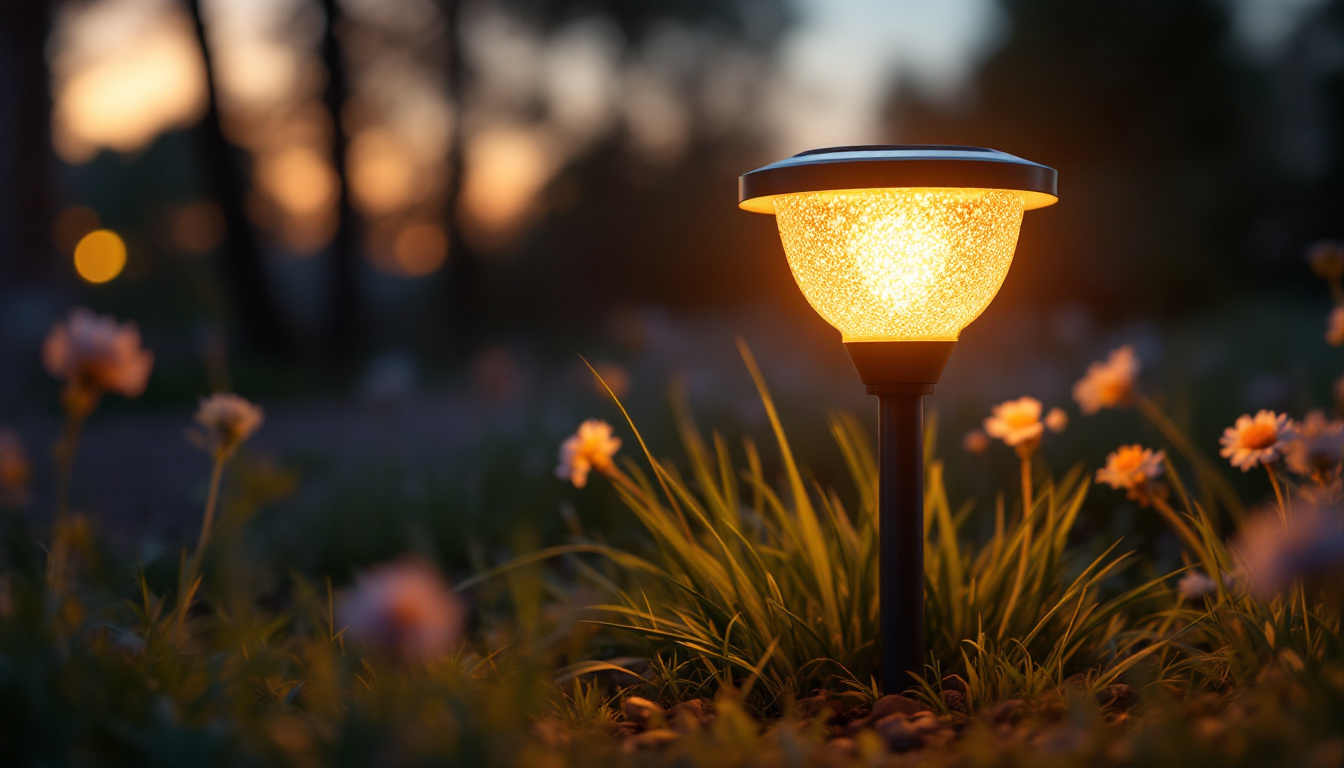 A photograph of a beautifully illuminated solar ground light in a serene outdoor setting