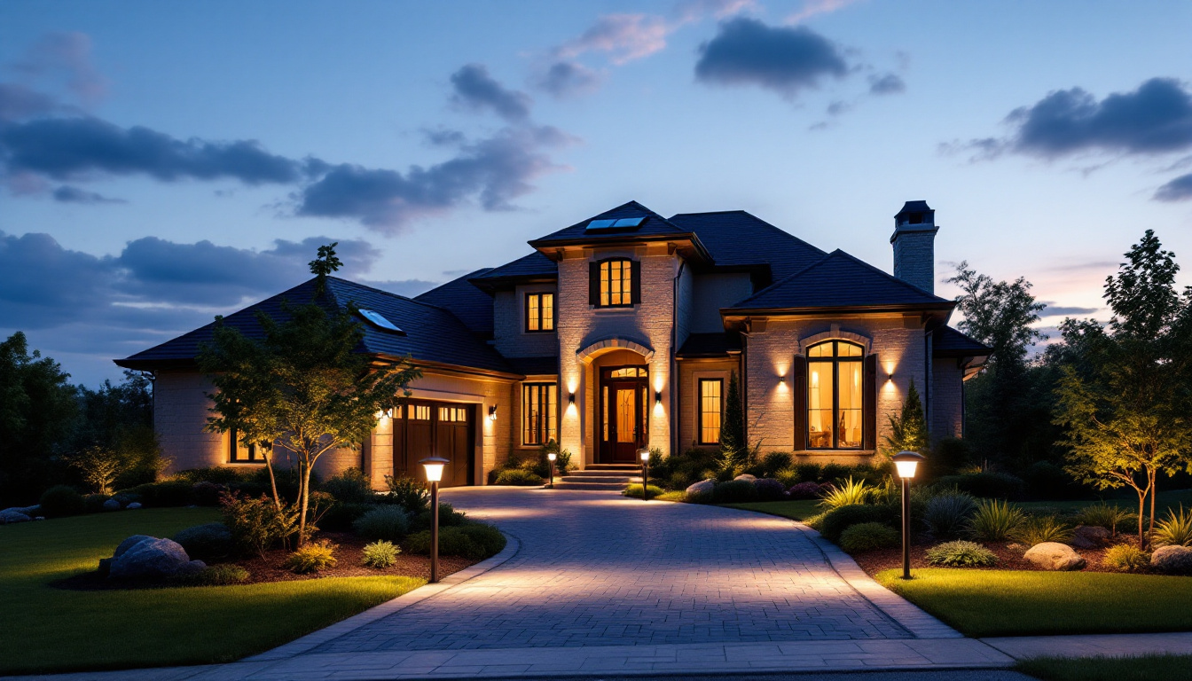 A photograph of a beautifully illuminated driveway entrance at dusk